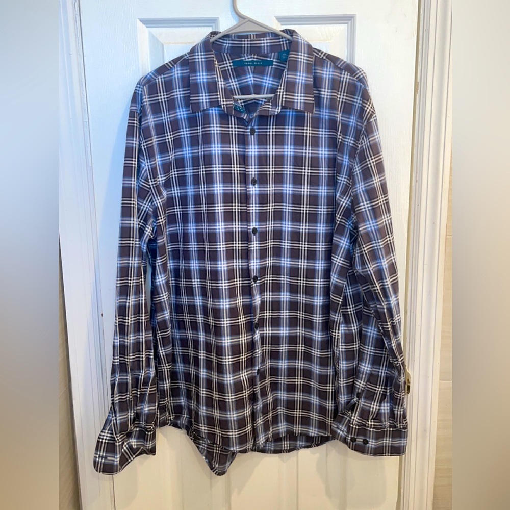 NWOT Perry Ellis blue and gray plaid long sleeve button down XXL